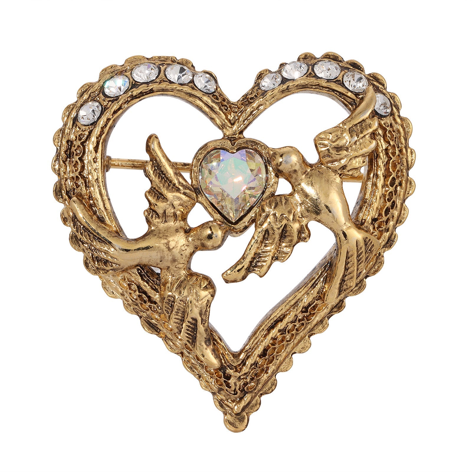 1928 Jewelry Crystal Heart Love Birds Pin HT Animal Supply