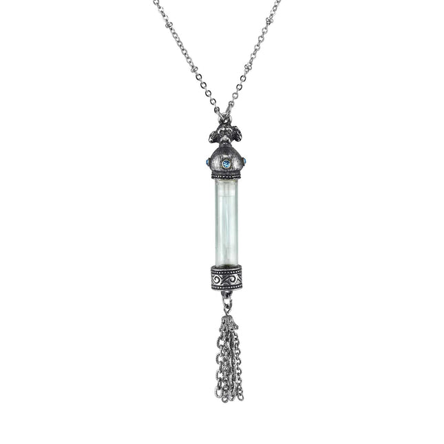 1928 Jewelry Dog Glass Vial Light Blue Crystal Tassel Necklace 30"