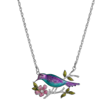 1928 Jewelry Enameled Perched Bird Pendant Necklace 18"