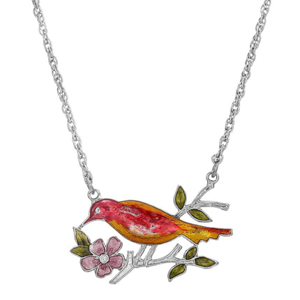 1928 Jewelry Enameled Perched Bird Pendant Necklace 18"