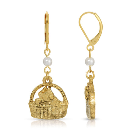 1928 Jewelry Faux Pearl Pearl Cat In Handbasket Dangling Earrings