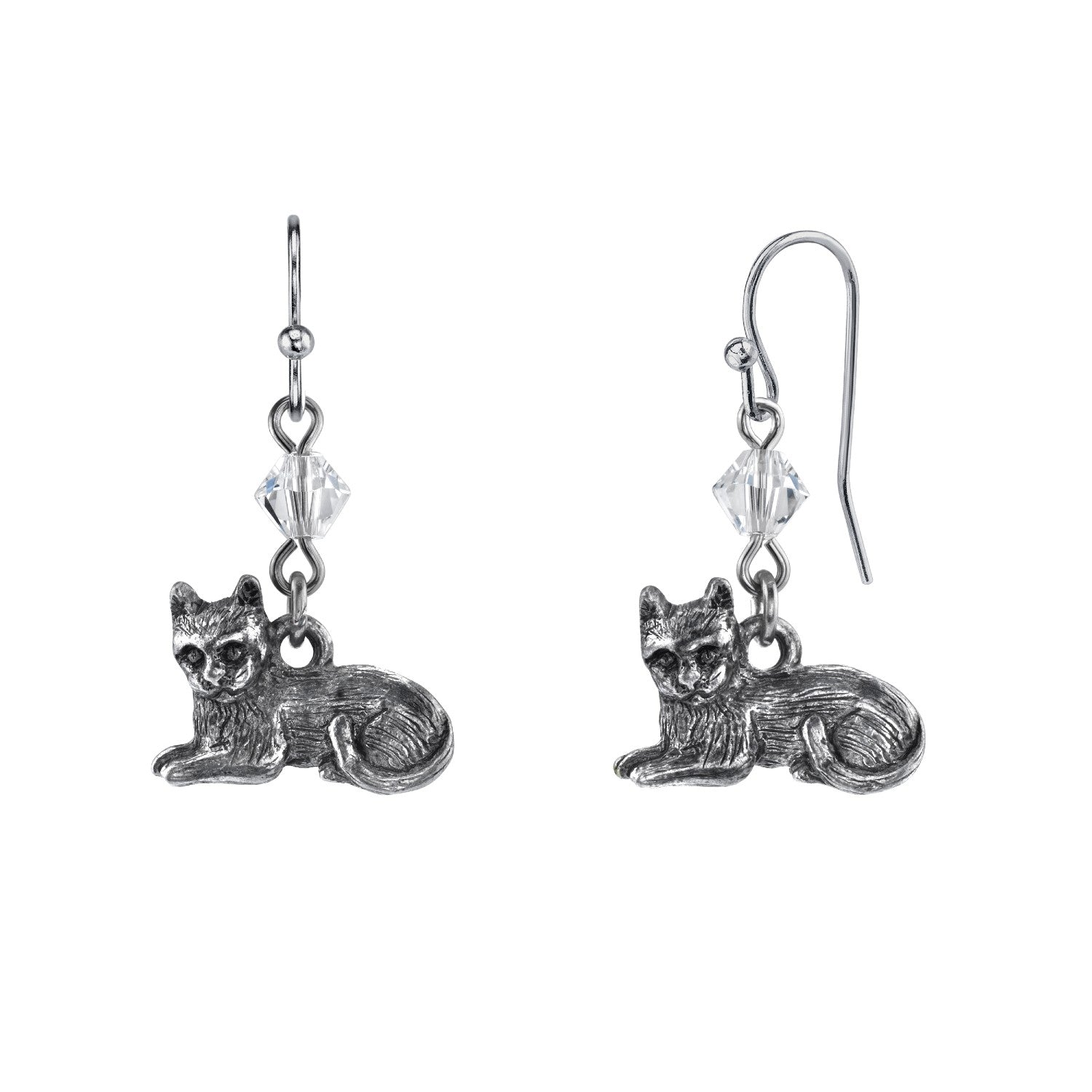 1928 Jewelry Pewter Cat & Austrian Crystal Bead Wire Earrings HT Animal Supply