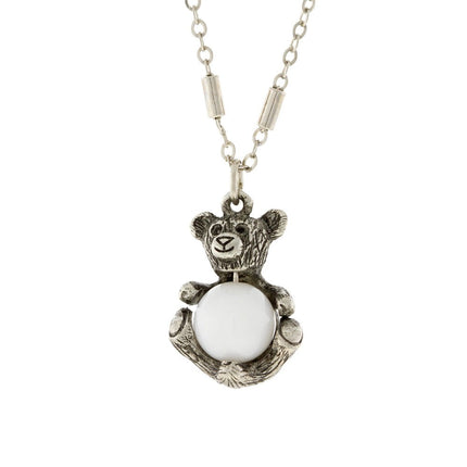 1928 Jewelry Pewter Round Gemstone Teddy Bear Necklace 16" + 3" Extender