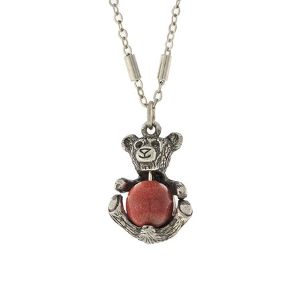 1928 Jewelry Pewter Round Gemstone Teddy Bear Necklace 16" + 3" Extender