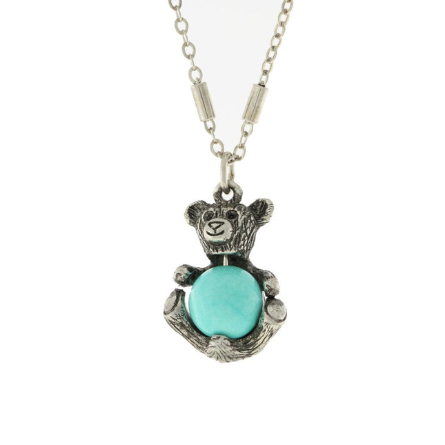 1928 Jewelry Pewter Round Gemstone Teddy Bear Necklace 16" + 3" Extender