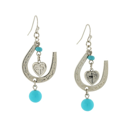 1928 Jewelry Southwest Turquoise Horseshoe And Heart Cross Drop Earrings