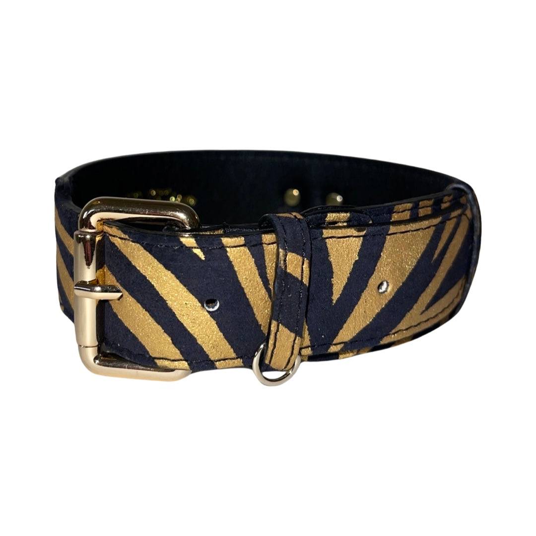 Black & Gold Zebra Print Italian Leather Classic Collar