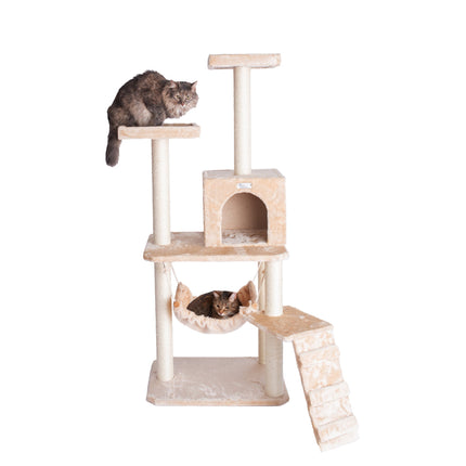 GleePet GP78570921 57-Inch Cat Tree In Beige With Perches RunnIng Ramp Condo And Hammock