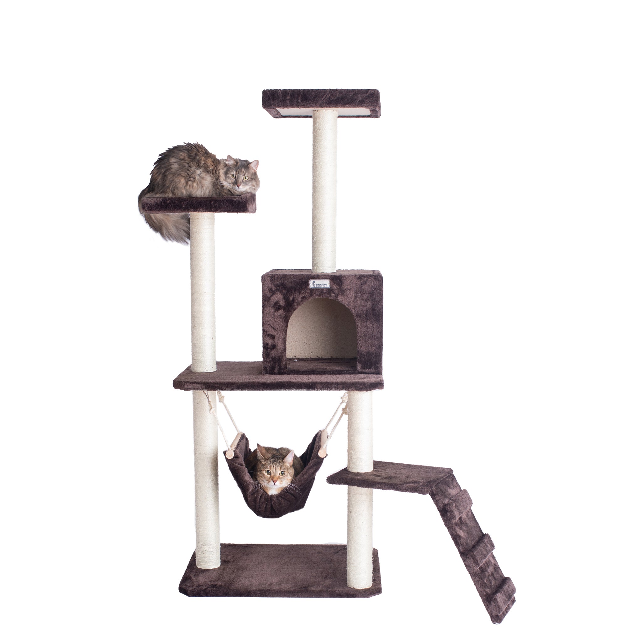 GleePet GP78570923 57-Inch Cat Tree In Coffee Brown With Four Levels, Ramp, Hammock And Condo