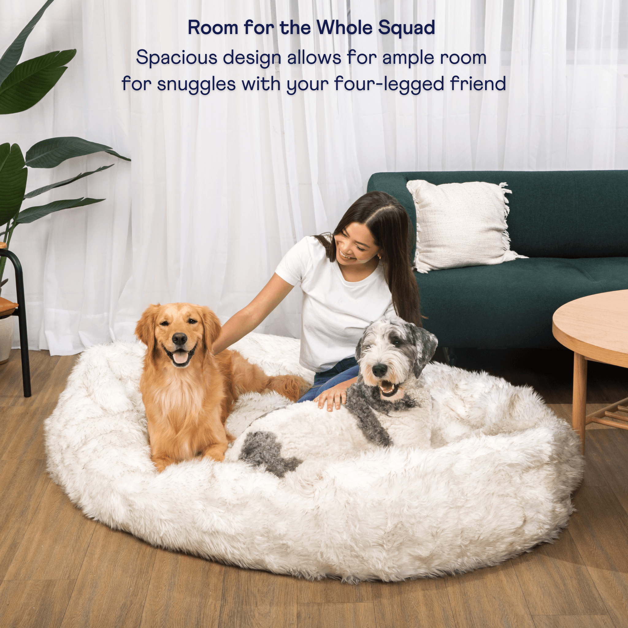 PupCloud Human-Size Faux Fur Memory Foam Dog Bed - White with Brown Accents