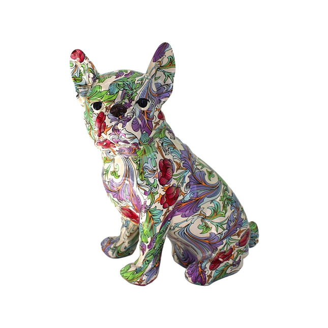 Sitting Retro Flower French Bulldog Ears Up Dog - 8" tall