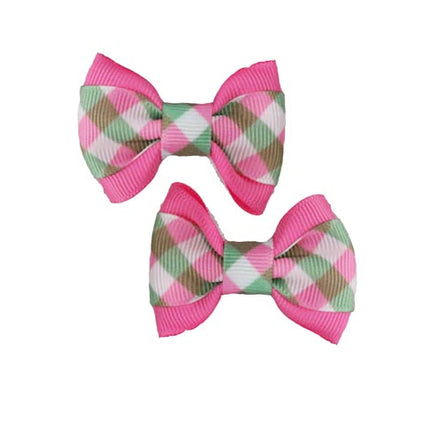 Pink/Green Gingham on Pink Hair Bows - 2 bows per card