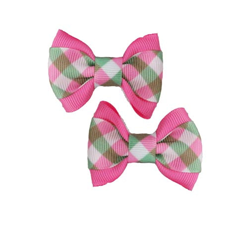 Pink/Green Gingham on Pink Hair Bows - 2 bows per card