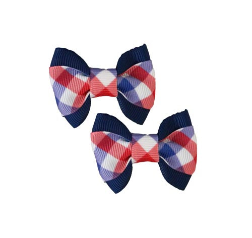 Red/White/Blue Gingham on Blue Hair Bows - 2 bows per card