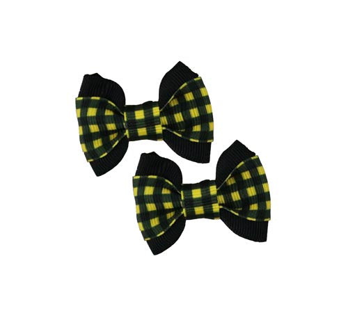 Yellow/Black Check on Black Hair Bows - 2 bows per card