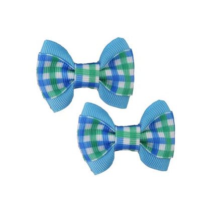 Blue/Green Gingham on Blue Hair Bows - 2 bows per card