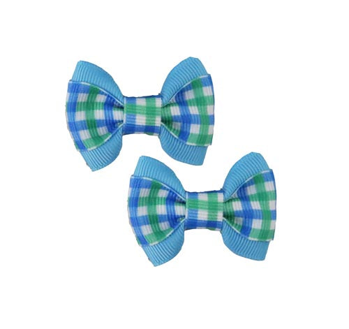 Blue/Green Gingham on Blue Hair Bows - 2 bows per card