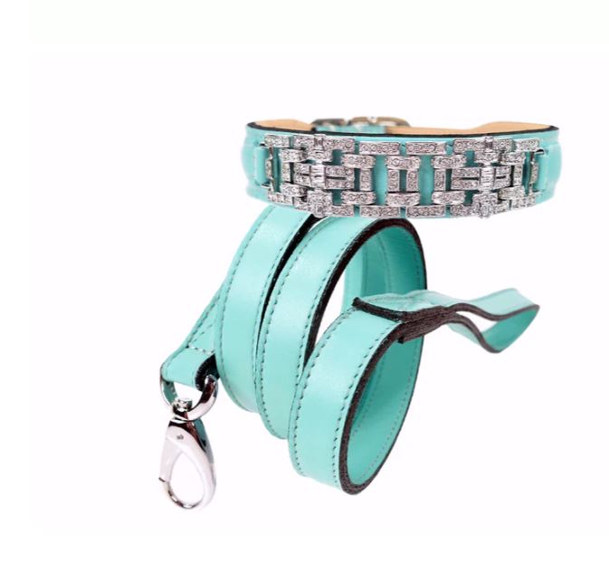 Art Deco Dog Collar in Turquoise & Nickel