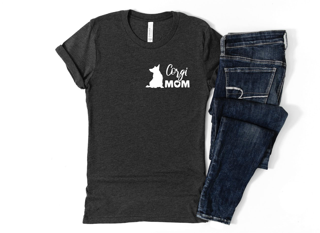 Corgi Mom T-Shirt DARK HEATHER GREY w white vinyl