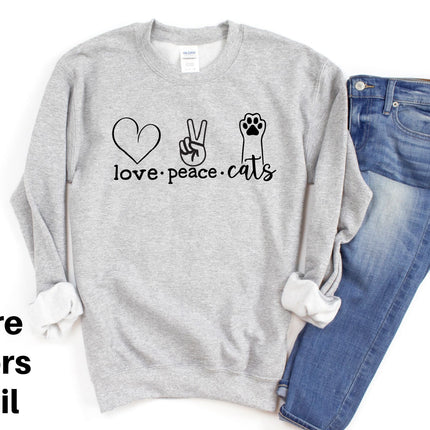 CAT CREW Sweatshirt Unisex Crew Neck Crewneck Sweatshirt LOVE PEACE CATS Cat Lover Sweatshirt