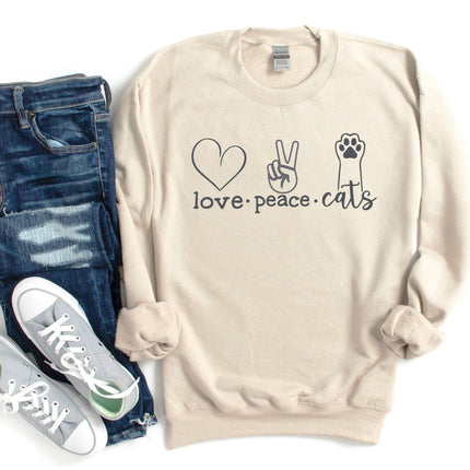 CAT CREW Sweatshirt Unisex Crew Neck Crewneck Sweatshirt LOVE PEACE CATS Cat Lover Sweatshirt