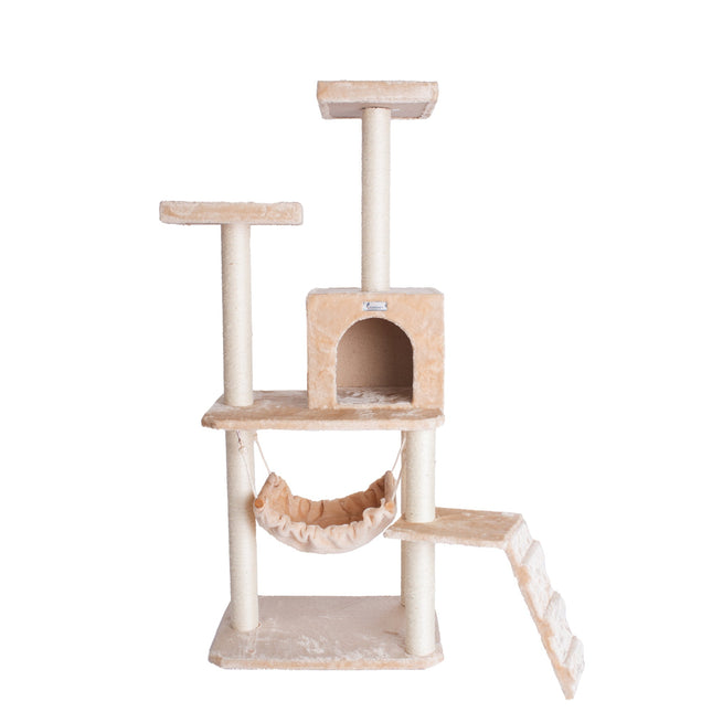 GleePet GP78570921 57-Inch Cat Tree In Beige With Perches RunnIng Ramp Condo And Hammock