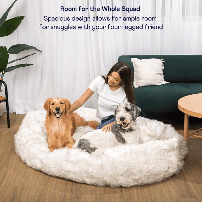 PupCloud™ Human-Size Faux Fur Memory Foam Dog Bed - White with Brown Accents