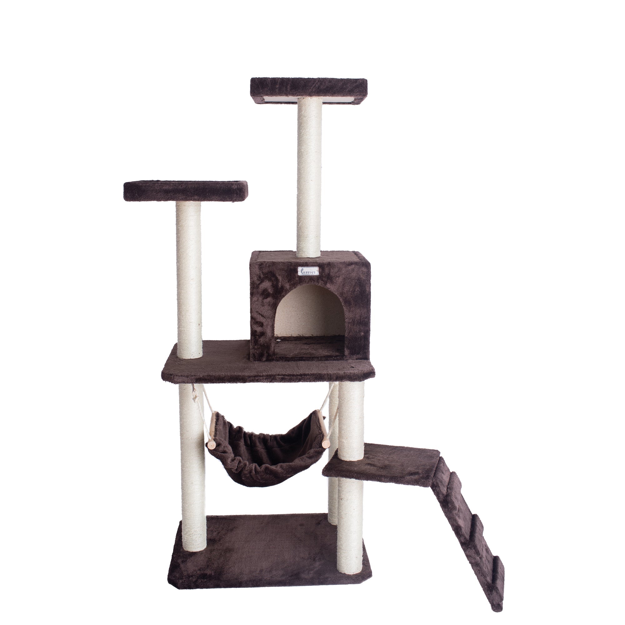 GleePet GP78570923 57-Inch Cat Tree In Coffee Brown With Four Levels, Ramp, Hammock And Condo