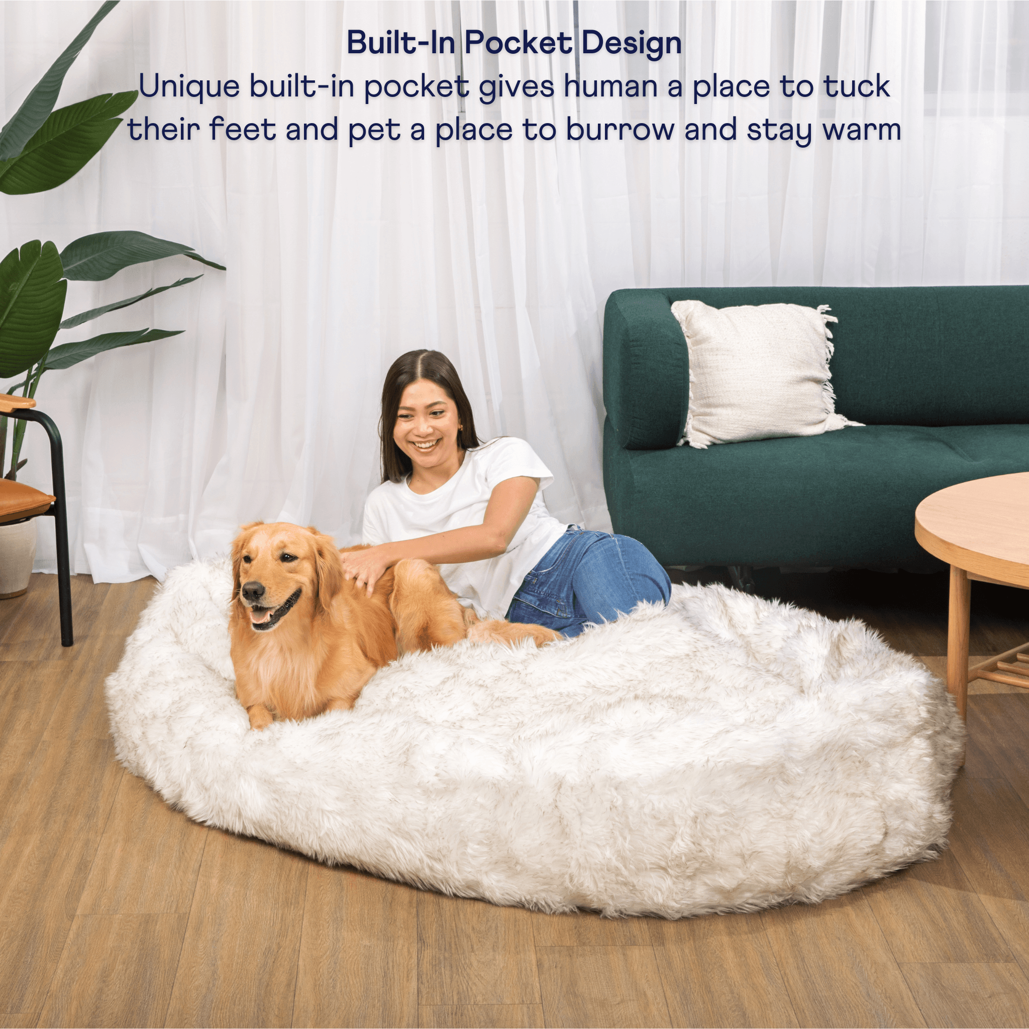 PupCloud Human-Size Faux Fur Memory Foam Dog Bed - White with Brown Accents