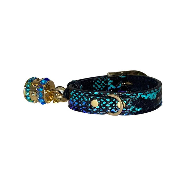 XS 7”-14” Multi-Tone Turquoise, Blqck & Purple Custom Snake Collar/Custom Gold Italian Hardware. Swarovski Crystal Charm & Pearl