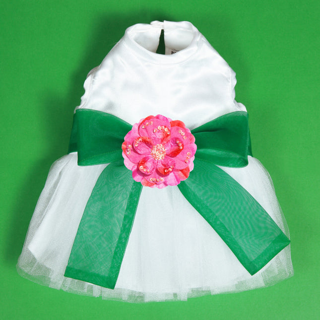 The Madeleine Harness Dog Dress with Kelly Green Sash