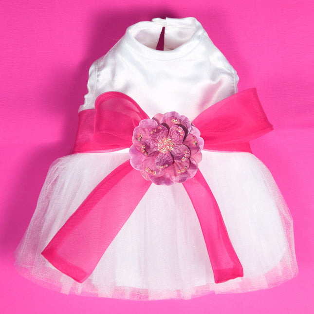 The Madeleine Dog Harness Dress with Hot Pink Sash