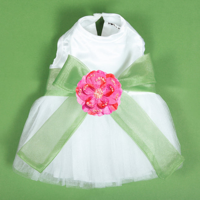 The Madeleine Dog Harness Dress with Leaf Green Sash