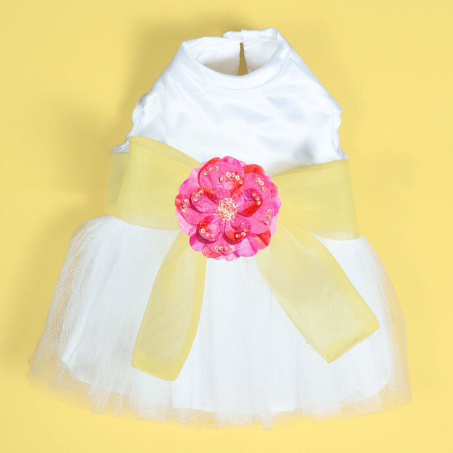 The Madeleine Harness Dog Dress with Yellow Sash