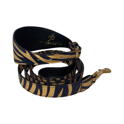 Black & Gold Zebra Print Italian Leather Collar & Leash Set