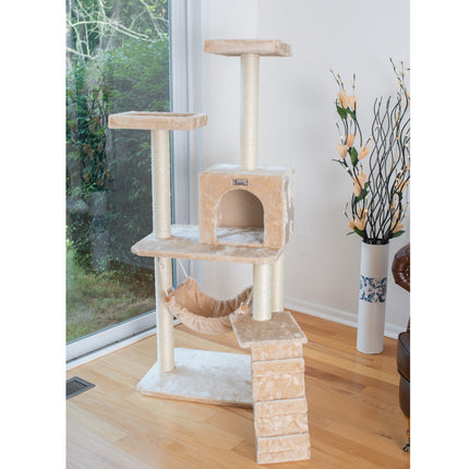 GleePet GP78570921 57-Inch Cat Tree In Beige With Perches RunnIng Ramp Condo And Hammock