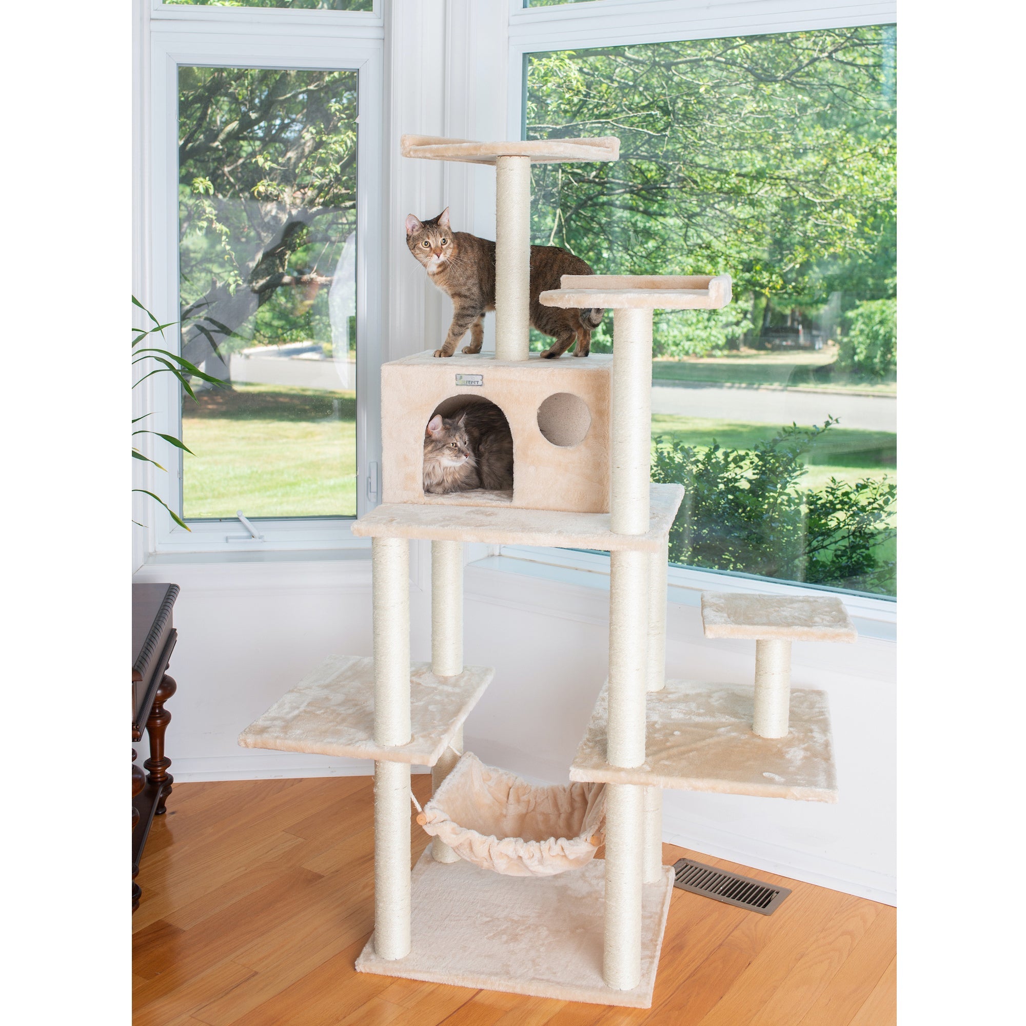 GleePet GP78680621 68-Inch Cat Tree In Beige With Five Levels, Hammock, Condo