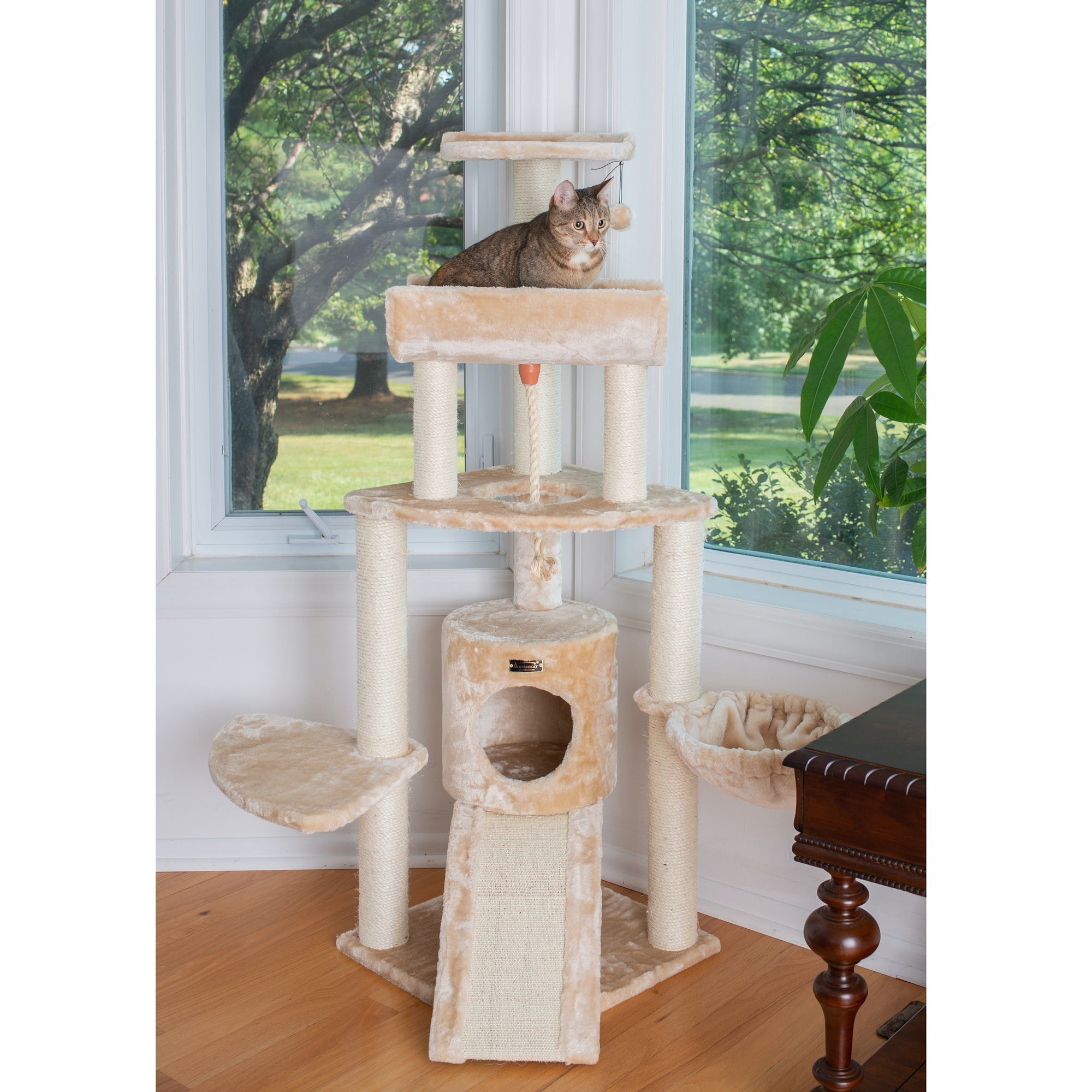 Armarkat Spacious Thick Fur Cat Tower With Basket Lounge, Ramp, Beige A5806