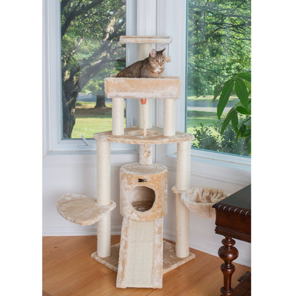 Armarkat Spacious Thick Fur Cat Tower With Basket Lounge Ramp Beige A5806