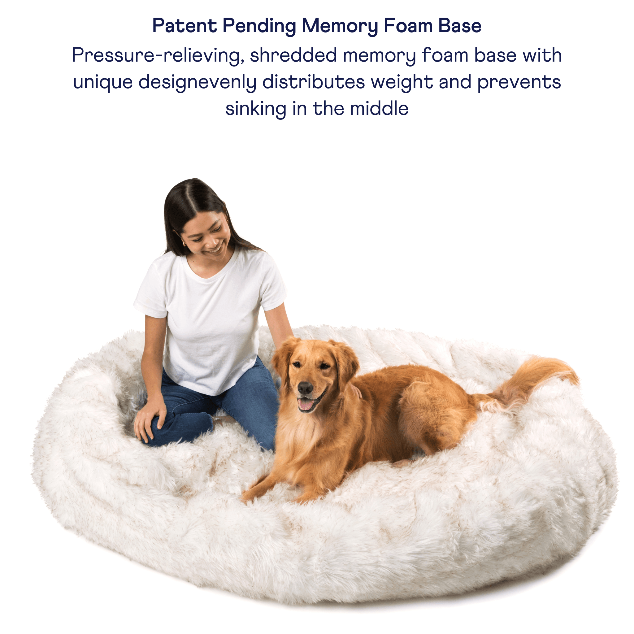 PupCloud Human-Size Faux Fur Memory Foam Dog Bed - White with Brown Accents