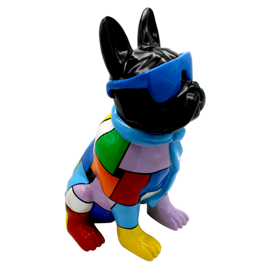 Blue Patchwork Expressionist Dog with Glasses - 14" tall