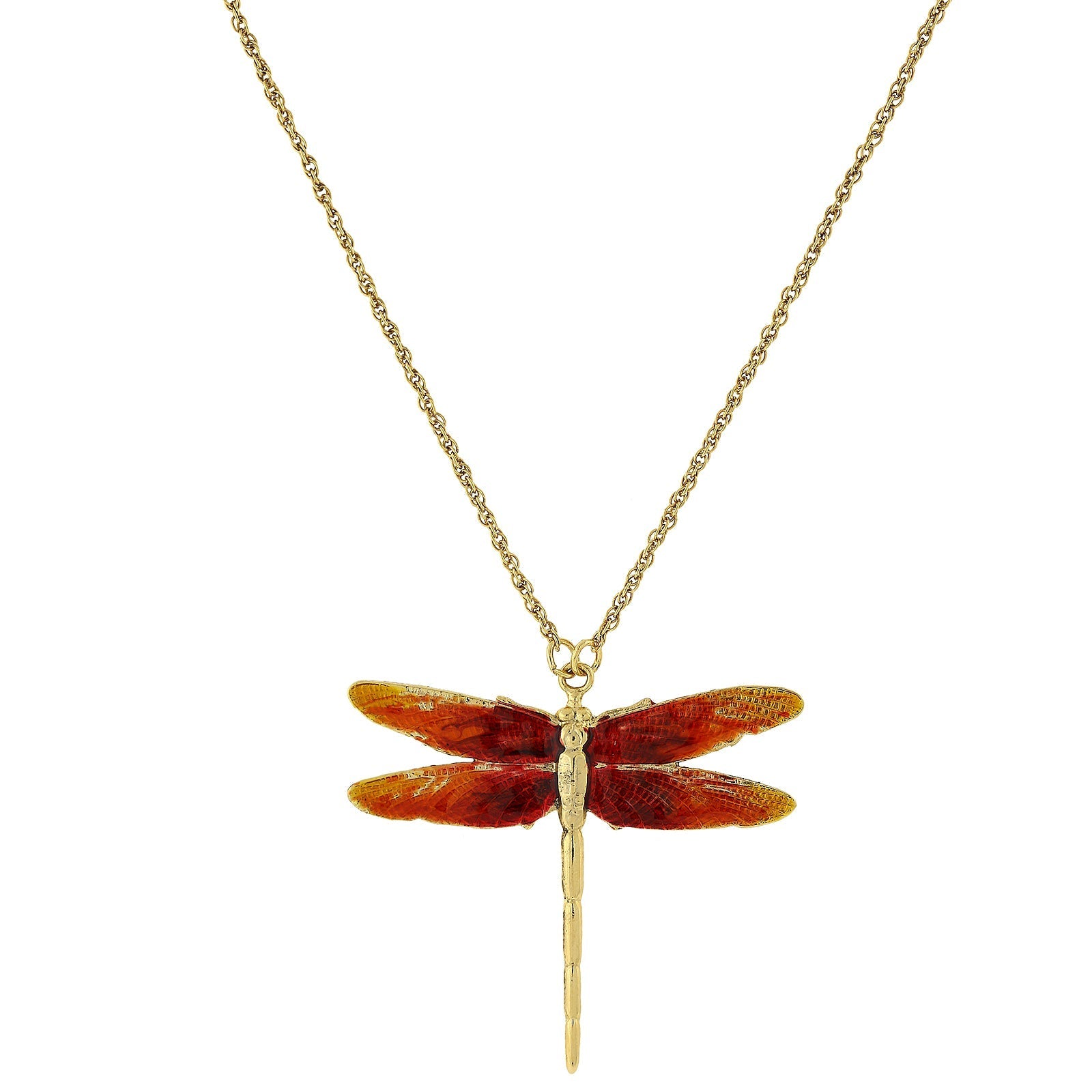 1928 Jewelry Orange Enamel Dragonfly Pendant Necklace 16