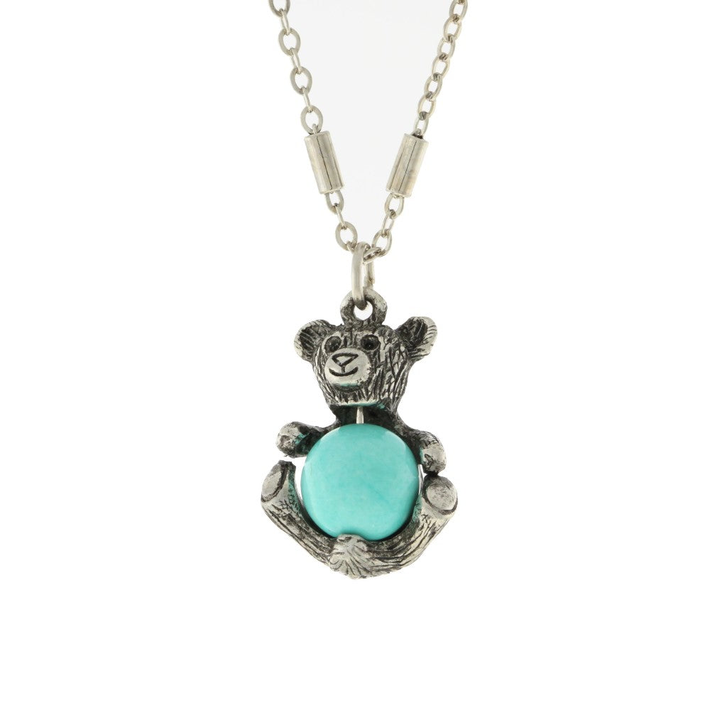 1928 Jewelry Pewter Round Gemstone Teddy Bear Necklace 16