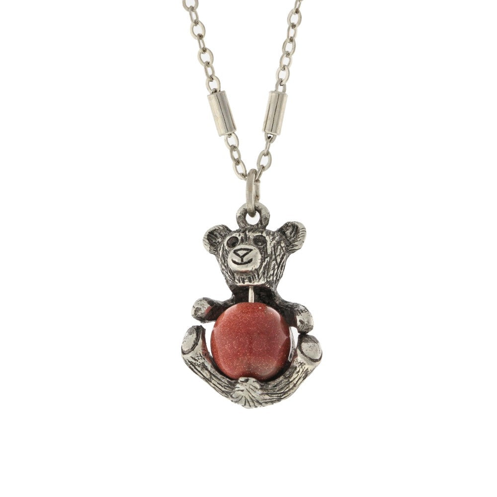 1928 Jewelry Pewter Round Gemstone Teddy Bear Necklace 16