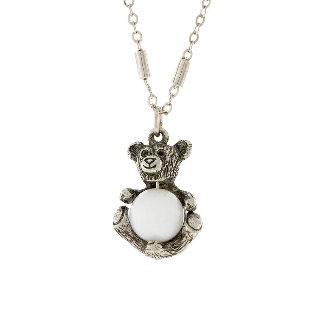 1928 Jewelry Pewter Round Gemstone Teddy Bear Necklace 16