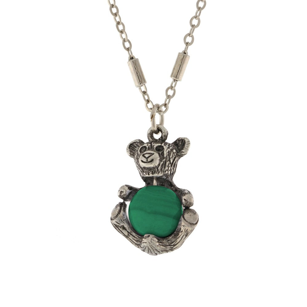 1928 Jewelry Pewter Round Gemstone Teddy Bear Necklace 16