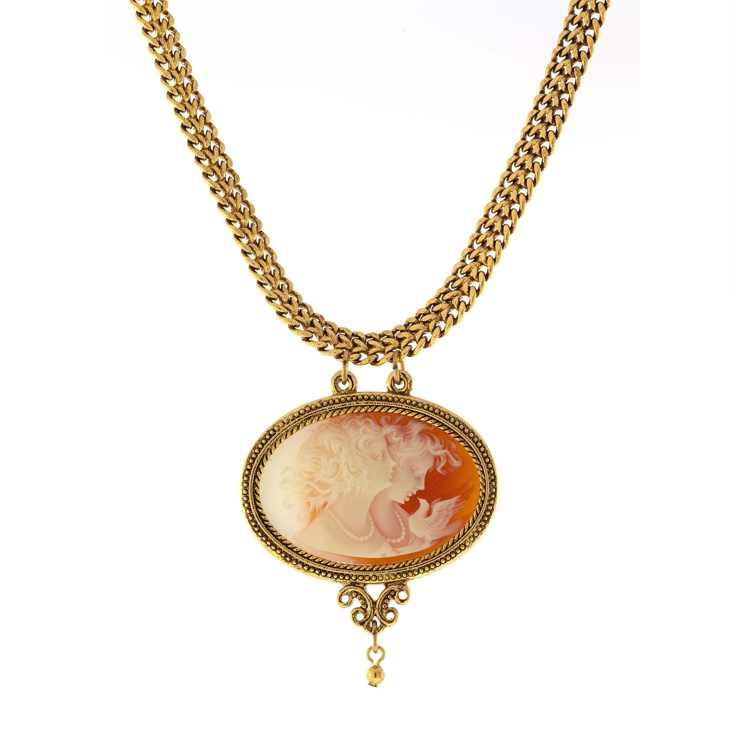 Antiquities Couture Carnelian Color Cameo Twin Muse & Bird Pendant Necklace 17