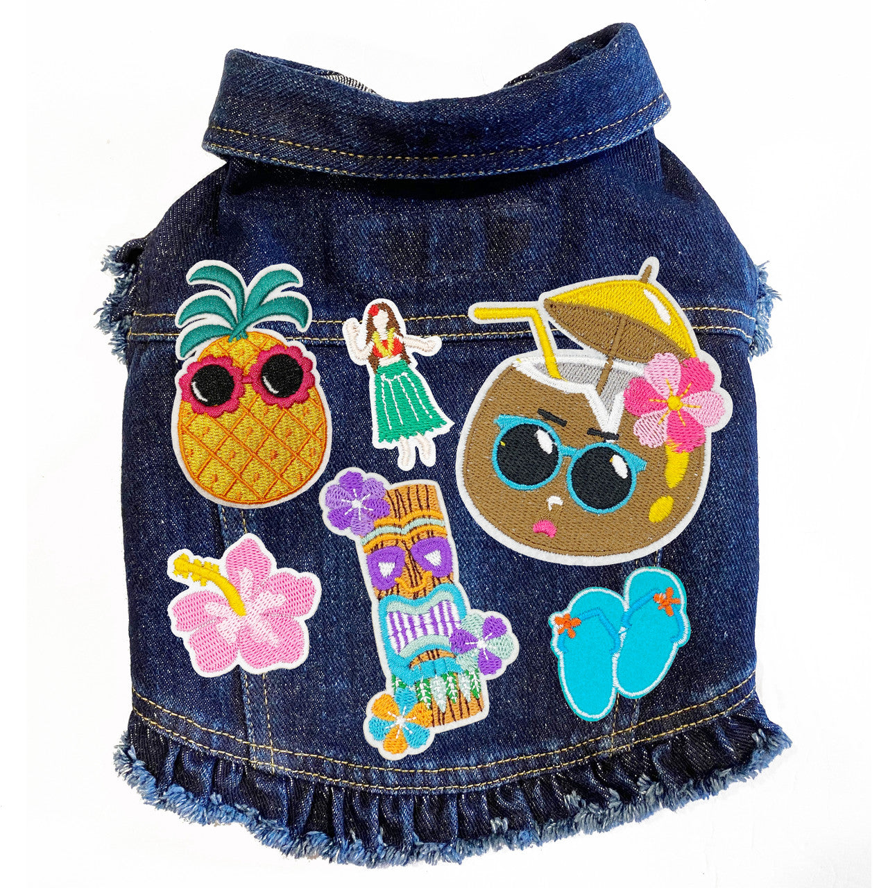 Tiki Time Dog Jacket Blue Denim with Ruffles