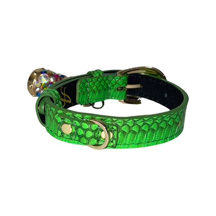 XS/S 7”-14” Neon Green Custom Snake Collar/Custom Gold Oval Italian Hardware & Swarovski Crystal Charm