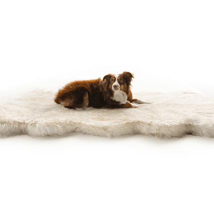 PupRug™ Runner Faux Fur Memory Foam Dog Bed - Curve White with Brown Accents